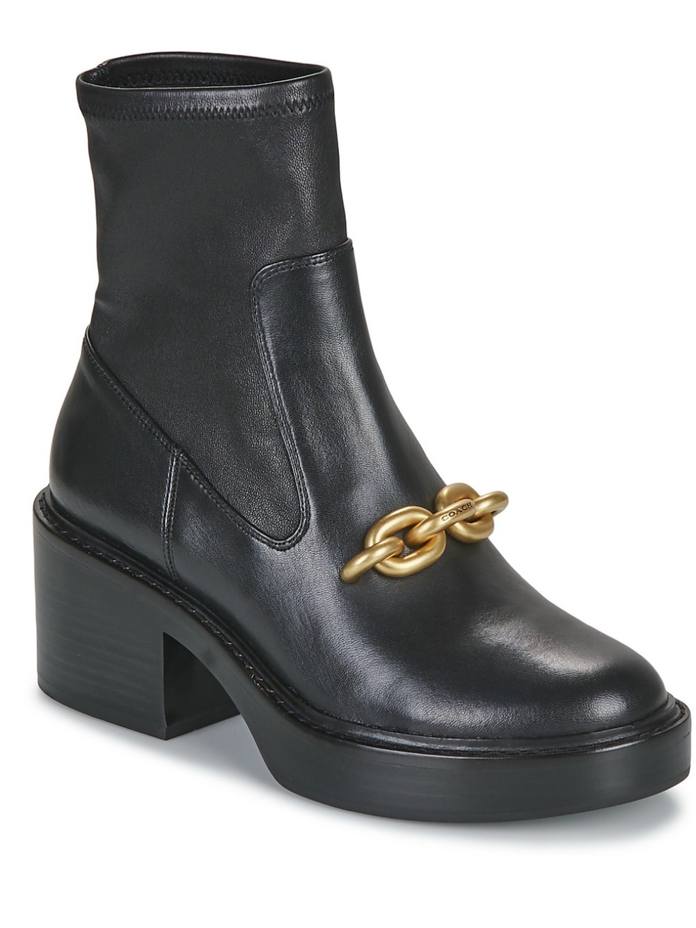 Coach Kenna Black Leather Ankle Boot with Gold Chain Accent